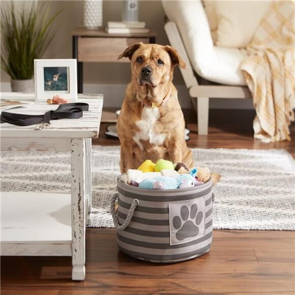 Pet Storage Collection Striped Paw Patch Bin, Small Round, Grayz, Medium Breeds - Picture 5 of 7